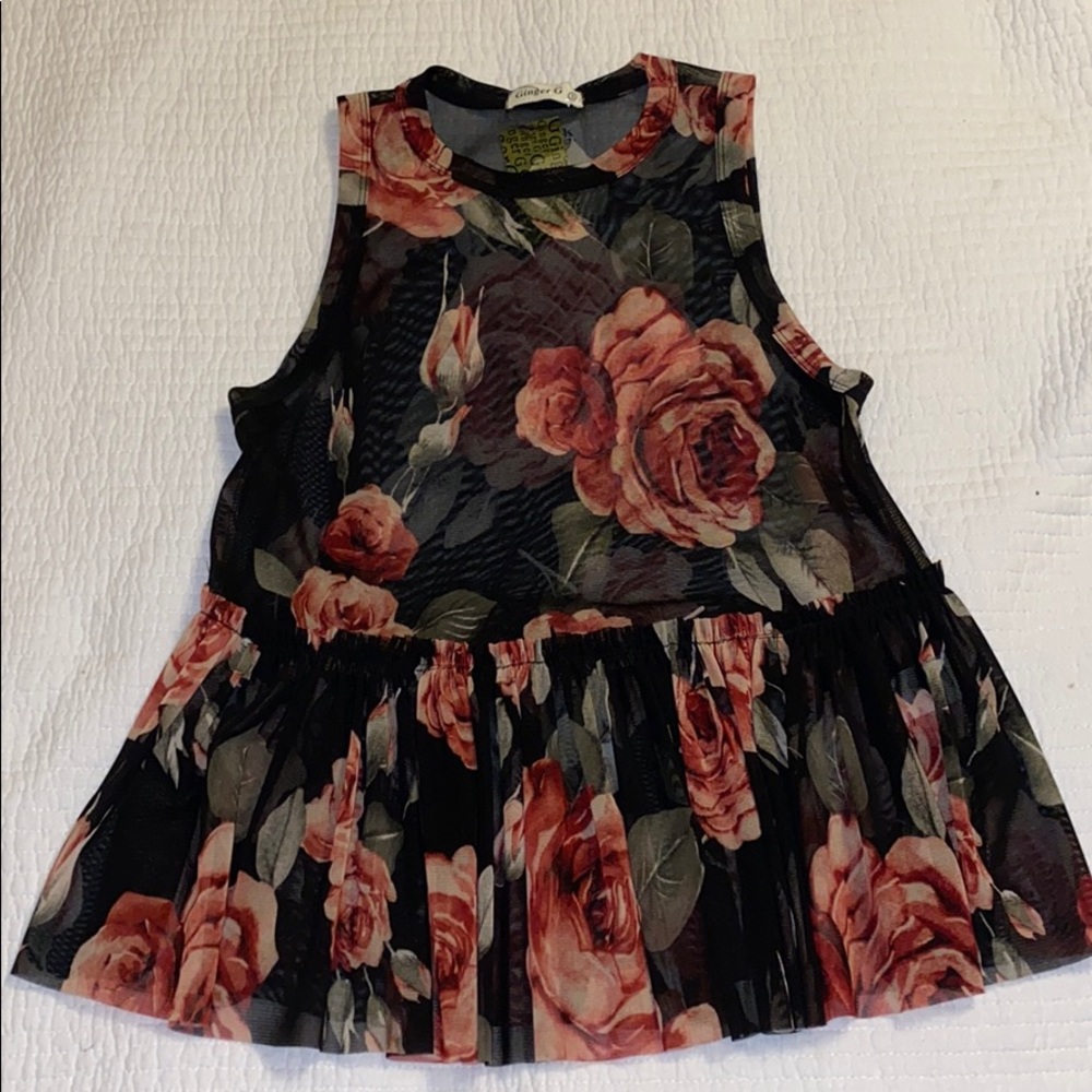 Floral and black mesh peplum top